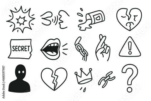 Doodle Secrets and Beauty. Hand-drawn doodle illustration explosive secrets explosion icon, whispering lips, broken mask, spilled