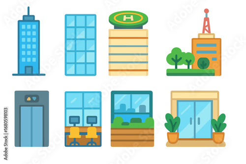 Children's Skyscraper Icons. Flat vector mini-illustrations skyscraper in colors children's illustrations: modern skyscraper,