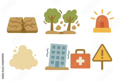 Earthquake Safety Icons. Flat vector mini-illustrations shaking ground in colors children's illustrations: cracked earth, shaking