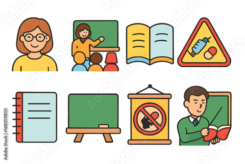Educational Icons Grid. Flat vector mini-illustrations overdose and education in colors children's illustrations: teacher figure,