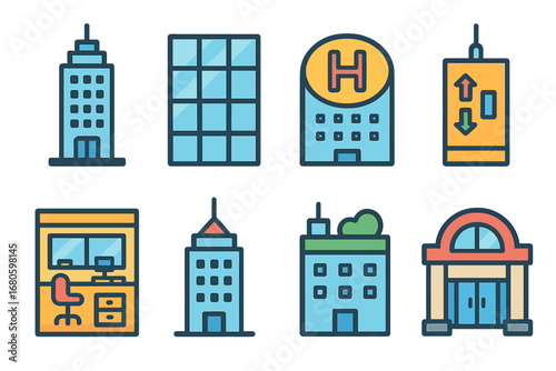 Children's Skyscraper Icons. Flat vector mini-illustrations skyscraper in colors children's illustrations: modern skyscraper,