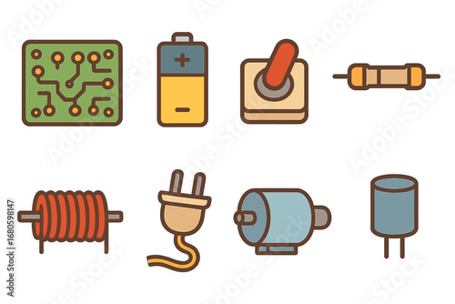 Electrical Components Icons. Flat vector mini-illustrations electrical components in colors children's illustrations: circuit