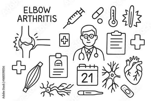 Elbow Arthritis Doodle. Hand-drawn doodle illustration elbow arthritis elbow joint, cartilage, syringe, pill, thermometer, pain