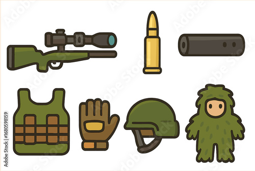 Children's Sniper Gear Icons. Flat vector mini-illustrations sniper equipment in colors children's illustrations: sniper rifle,
