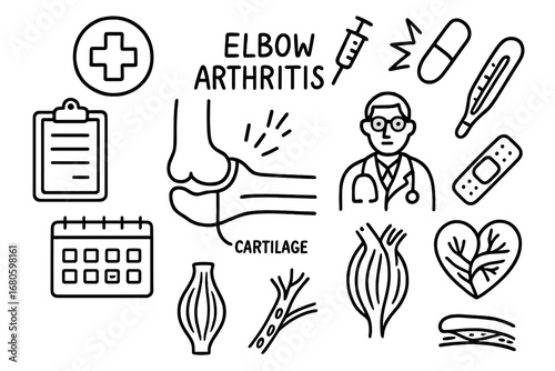 Elbow Arthritis Doodle. Hand-drawn doodle illustration elbow arthritis elbow joint, cartilage, syringe, pill, thermometer, pain