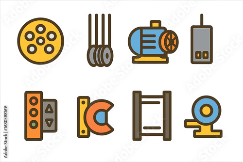 Elevator Parts Icons. Flat vector mini-illustrations elevator mechanical parts in colors children's illustrations: pulley, cable,