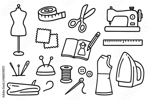 Fashion Design Tools. Hand-drawn doodle illustration model mannequin, measuring tape, scissors, sewing machine, fabric swatches,