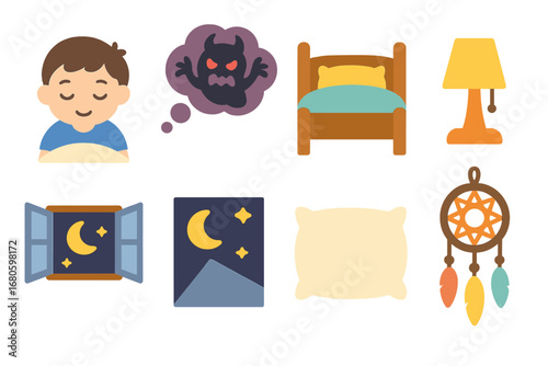 Children's Sleep Icons. Flat vector mini-illustrations nightmare and sleep in colors children's illustrations: sleeping child,