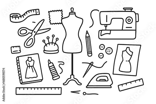 Fashion Design Tools. Hand-drawn doodle illustration model mannequin, measuring tape, scissors, sewing machine, fabric swatches,