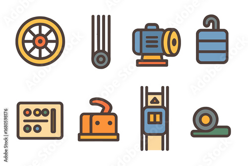 Elevator Parts Icons. Flat vector mini-illustrations elevator mechanical parts in colors children's illustrations: pulley, cable,