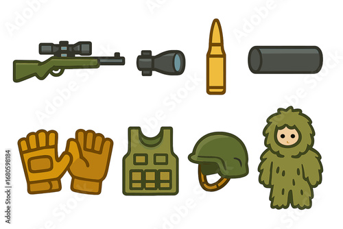 Children's Sniper Gear Icons. Flat vector mini-illustrations sniper equipment in colors children's illustrations: sniper rifle,