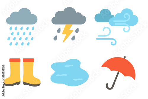 Children's Stormy Weather Icons. Flat vector mini-illustrations flood weather in colors children's illustrations: heavy rain, dark