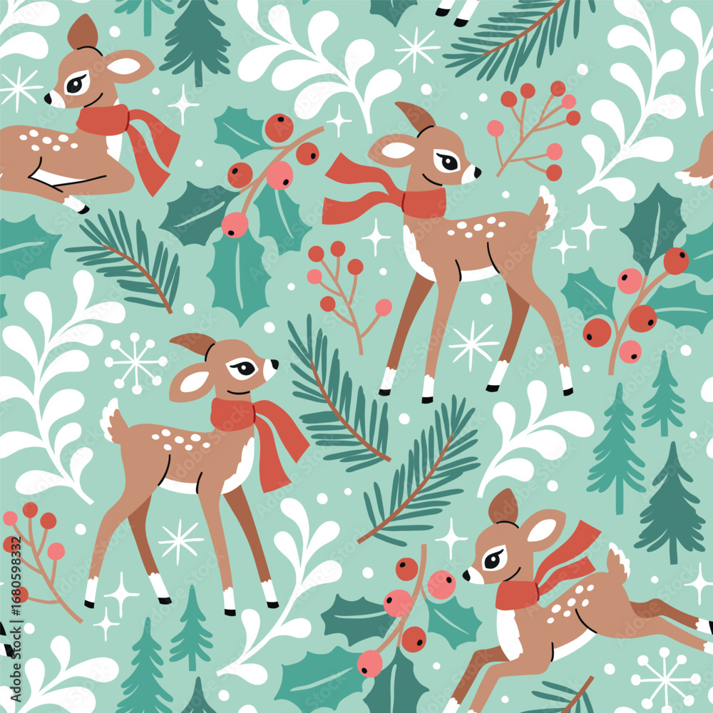 Fototapeta premium Seamless vector pattern with cute deer, pine trees, berries and snowflakes. Hand drawn vintage Christmas fawn. Perfect for textile, wallpaper or nursery print design.