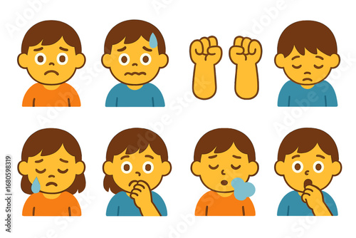 Emotional Icons Grid. Flat vector mini-illustrations mental breakdown emotions in colors children's illustrations: anxious face,