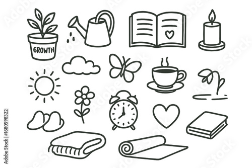 Emotional Growth Icons. Hand-drawn doodle illustration growth and self-care plant pot, watering can, journal, candle, teacup, book
