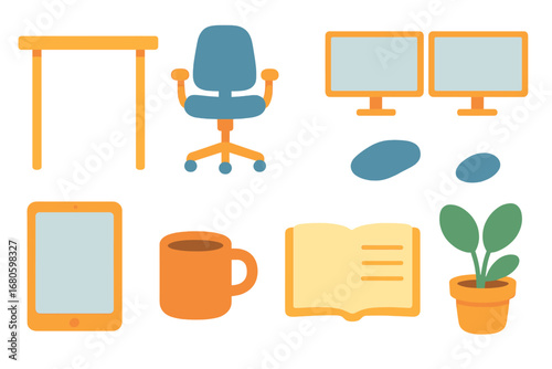 Children's Workspace Icons. Flat vector mini-illustrations modern workspace in colors children's illustrations: standing desk,