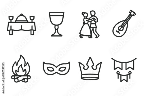 Festivals and Architecture Icons. Outline icon set of duchy festivals: banquet table, goblet, dancing couple, musical instrument,