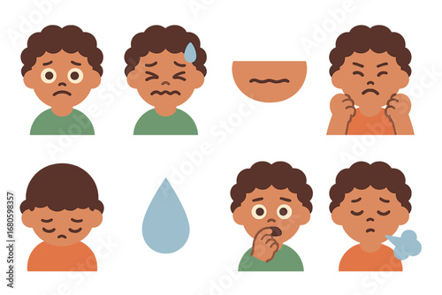 Emotional Icons Grid. Flat vector mini-illustrations mental breakdown emotions in colors children's illustrations: anxious face,