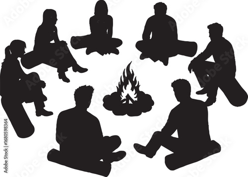Group of People Around Campfire Silhouettes Vector Graphic