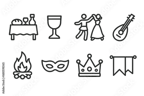Festivals and Architecture Icons. Outline icon set of duchy festivals: banquet table, goblet, dancing couple, musical instrument,