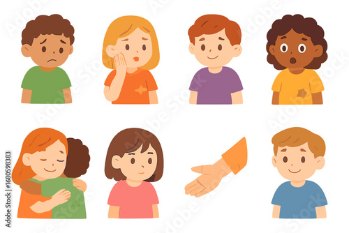 Emotional Kid Icons. Flat vector mini-illustrations torn clothes emotions in colors children's illustrations: sad child, worried
