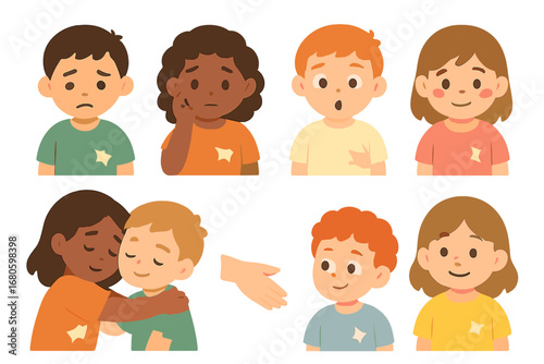 Emotional Kid Icons. Flat vector mini-illustrations torn clothes emotions in colors children's illustrations: sad child, worried