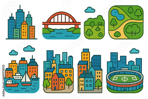 City Panoramic Icons. Flat vector mini-illustrations panoramic city views in colors children's illustrations: skyscraper cluster,