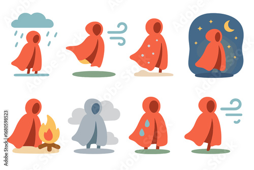 Cloak Weather Icons. Flat vector mini-illustrations cloak and weather in colors children's illustrations: cloak in rain,