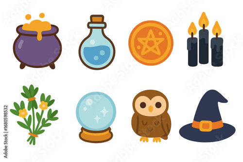 Enchanted Coven Icons. Flat vector mini-illustrations enchanted coven items in colors children's illustrations: cauldrons, potion