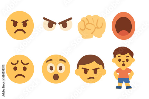 Emotions Illustrated. Flat vector mini-illustrations fight emotions in colors children's illustrations: angry face, determined