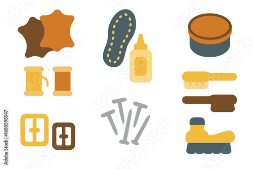 Cobbler's Tools Icons. Flat vector mini-illustrations cobbler materials in colors children's illustrations: leather sheets, rubber