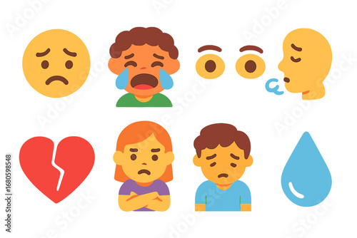 Emotions Grid for Kids. Flat vector mini-illustrations ruined plans emotions in colors children's illustrations: disappointed face