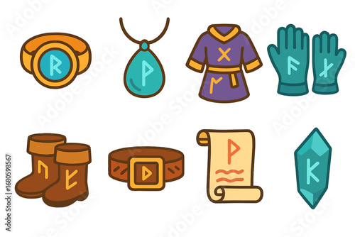 Enchanted Runes Collection. Flat vector mini-illustrations runes and enchanted objects in colors children's illustrations: runes