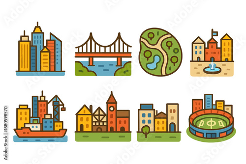 City Panoramic Icons. Flat vector mini-illustrations panoramic city views in colors children's illustrations: skyscraper cluster,