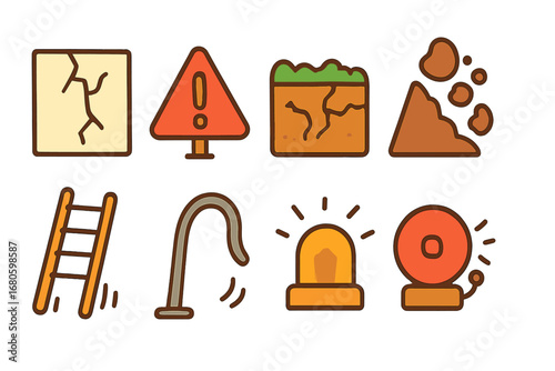Collapse Warning Icons. Flat vector mini-illustrations collapse warning signs in colors children's illustrations: cracked wall,
