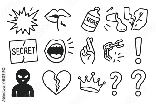 Explosive Secrets Icons. Hand-drawn doodle illustration explosive secrets explosion icon, whispering lips, broken mask, spilled