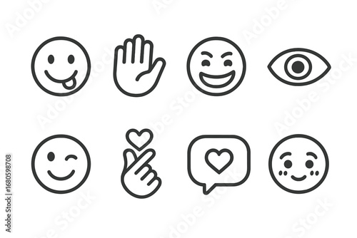 Flirty Line Icons. Outline icon set of playful flirting: smiley face with tongue out, hand wave, cheeky grin, eye contact,