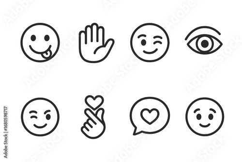 Flirty Line Icons. Outline icon set of playful flirting: smiley face with tongue out, hand wave, cheeky grin, eye contact,