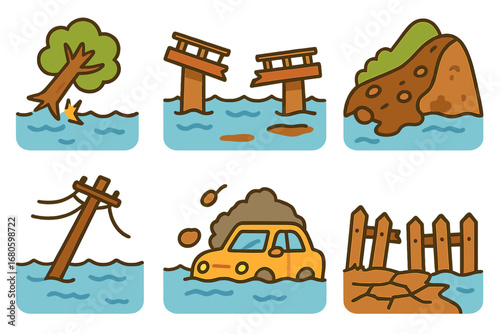 Flood Disaster Icons. Flat vector mini-illustrations flood damage in colors children's illustrations: broken tree, collapsed