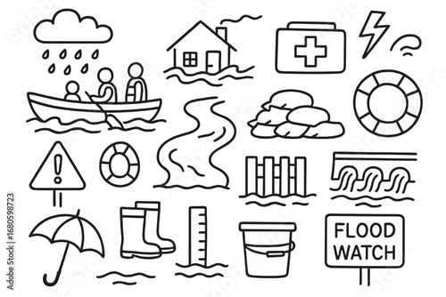Flood Rescue Essentials. Hand-drawn doodle illustration Flood emergency response rescue boat, emergency kit, life buoy, warning