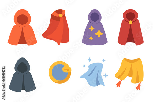 Colorful Cloak Grid. Flat vector mini-illustrations cloak in colors children's illustrations: hooded cloak, flowing cape, magical