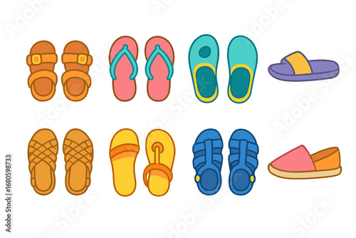 Colorful Children's Footwear. Flat vector mini-illustrations summer footwear in colors children's illustrations: sandals,