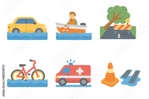 Flooded Transportation Icons. Flat vector mini-illustrations flood transportation in colors children's illustrations: stranded car