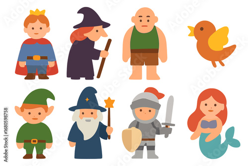 Fairy Tale Characters Grid. Flat vector mini-illustrations fairy tale characters in colors children's illustrations: prince, witch