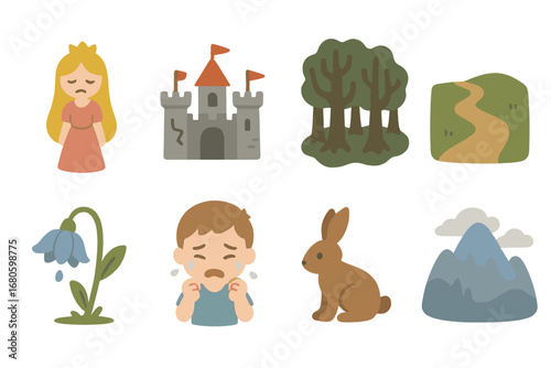 Fairy Tale Desolation. Flat vector mini-illustrations despair in stories and fairy tales in colors children's illustrations: lost