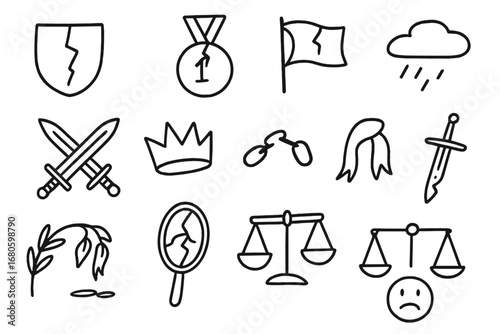 Fallen Symbols. Hand-drawn doodle illustration fallen reputation broken shield, cracked medal, torn flag, shattered glass, crossed