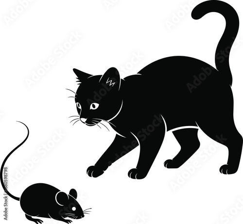 Silhouette vector of curious cat playing with small mouse, pet interaction, animal behavior, domestic feline and rodent wildlife design