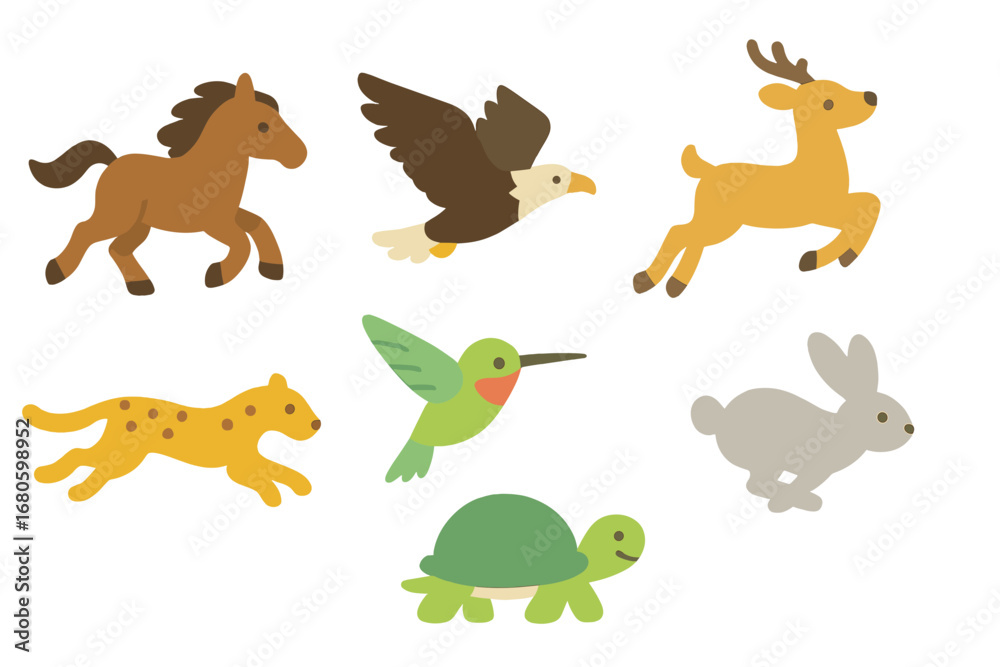 Obraz premium Fast Animals Icons. Flat vector mini-illustrations fast animals in colors children's illustrations: galloping horse, flying eagle,