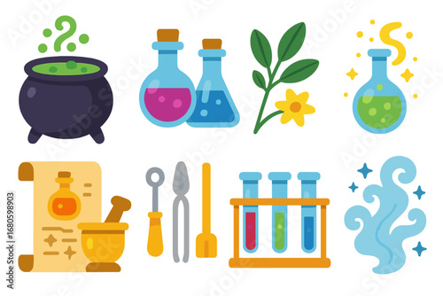 Fantasy Potion Lab Icons. Flat vector mini-illustrations fantasy potion lab in colors children's illustrations: bubbling cauldron,