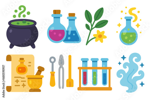 Fantasy Potion Lab Icons. Flat vector mini-illustrations fantasy potion lab in colors children's illustrations: bubbling cauldron,